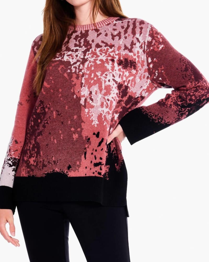 Front of a model wearing a size L Scenic Sweater in Red Multi in Red Multi by Nic + Zoe. | dia_product_style_image_id:327153